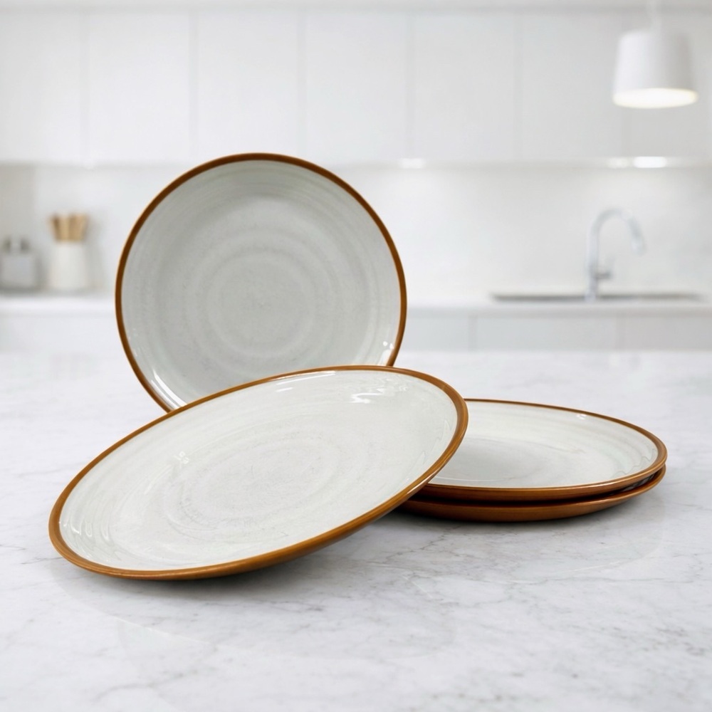 International Tableworks Terra nova Dinner Plates Set of 4 Brown Rim Stoneware